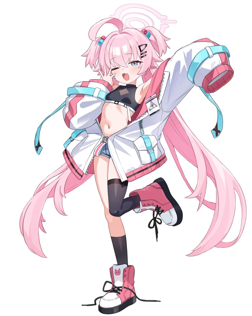 absurdres alternate_costume alternate_hairstyle black_socks black_thighhighs blue_archive blue_eyes breasts copyright_request halo henem416 heterochromia highres hoshino_(blue_archive) loli navel pink_hair pink_halo simple_background single_sock single_thighhigh small_breasts socks thighhighs white_background yellow_eyes