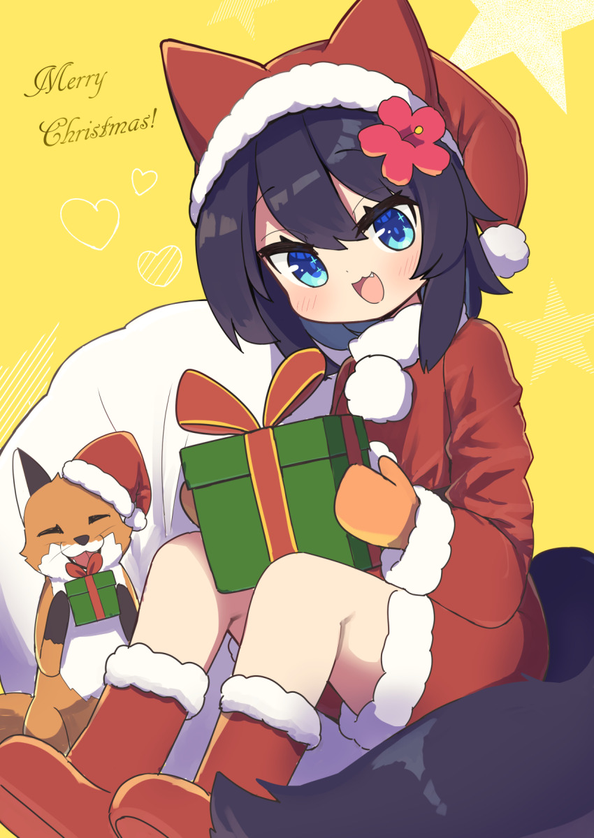 1girl animal_ears blue_eyes blue_hair boots box christmas commentary_request fang flower fox fox_ears fox_girl fox_tail fur-trimmed_boots fur-trimmed_headwear fur-trimmed_shirt fur-trimmed_shorts fur_trim gift gift_box hair_flower hair_ornament hat highres holding holding_gift long_sleeves looking_at_viewer medium_hair merry_christmas mittens open_mouth orange_mittens original pom_pom_(clothes) red_boots red_flower red_hat red_shirt red_shorts sack saisoku_no_yukkuri santa_costume santa_hat shirt shorts smile solo tail yellow_background