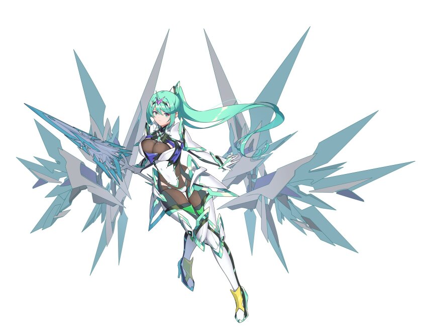 1girl aegis_sword_(xenoblade) armor breasts chest_jewel cleavage closed_mouth commentary_request core_crystal_(xenoblade) full_body gloves green_eyes green_hair hair_ornament headpiece hehe_jun highres holding holding_sword holding_weapon large_breasts long_hair looking_at_viewer pneuma_(xenoblade) ponytail simple_background smile solo swept_bangs sword tiara weapon white_background white_gloves xenoblade_chronicles_(series) xenoblade_chronicles_2