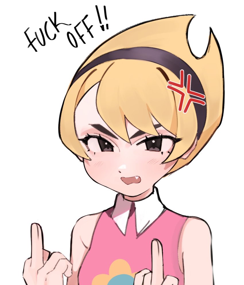 1girl animification bare_shoulders black_hairband blonde_hair commentary double_middle_finger english_commentary hairband highres kumaartsu mandy_(grim_adventures) middle_finger profanity short_hair simple_background solo the_grim_adventures_of_billy_&amp;_mandy upper_body white_background