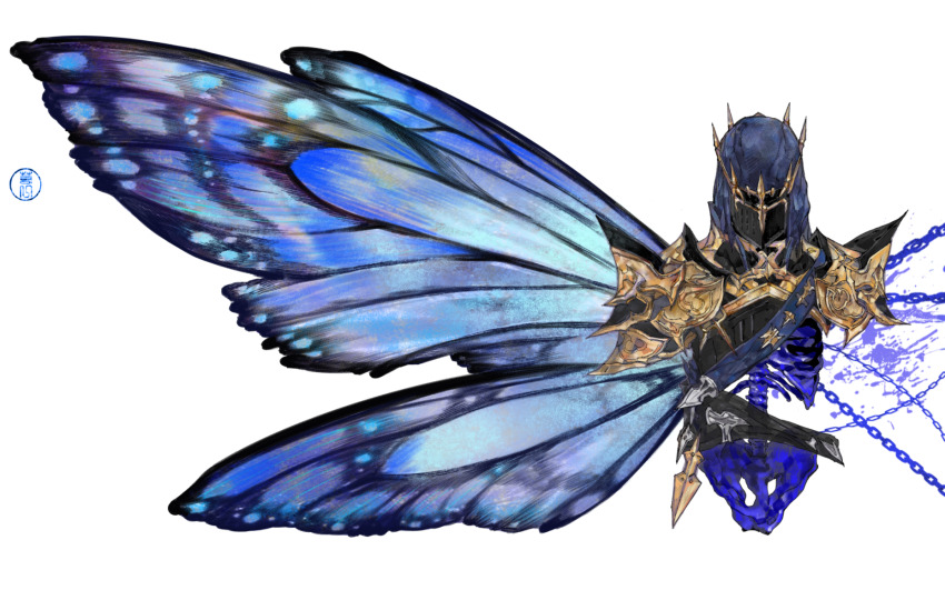 1other ambiguous_gender armor blue_wings bone breastplate butterfly_wings chain covered_face cropped_torso dark_knight_(final_fantasy) facing_viewer final_fantasy final_fantasy_xiv fray_myste full_armor helmet highres insect_wings other_focus pauldrons pelvis ribs ruoyi120 sash shoulder_armor shoulder_sash simple_background single_wing solo upper_body white_background wings