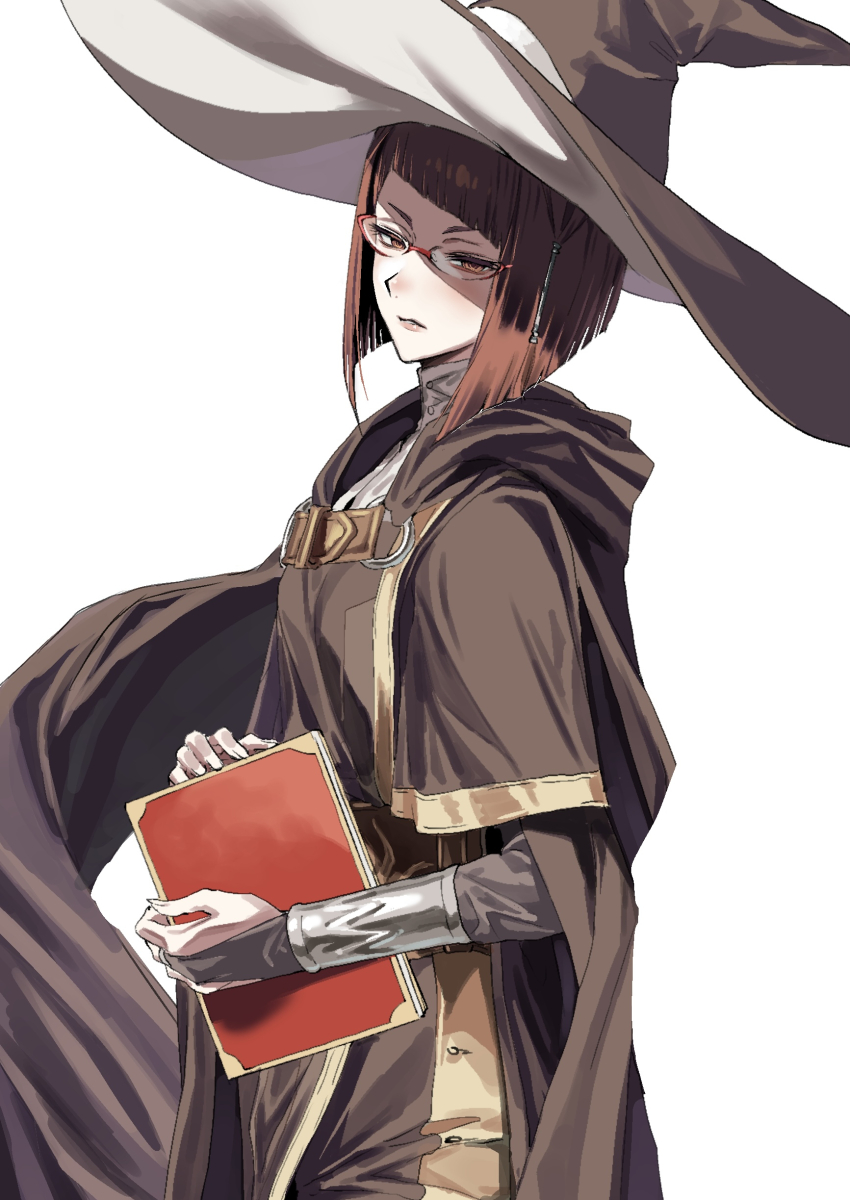 1girl absurdres black_bridal_gauntlets bridal_gauntlets diagonal_bangs fire_emblem fire_emblem_awakening glasses hair_tubes hat highres looking_at_viewer miriel_(fire_emblem) nintendo o-ring red-framed_eyewear red_eyes red_hair solo tsujii_luki turtleneck witch_hat wrist_guards