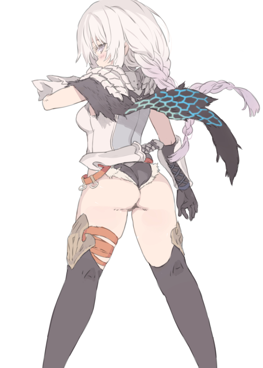 1girl ass black_thighhighs blade_(galaxist) blush braid breasts commentary_request from_behind grey_eyes grey_hair hair_between_eyes hand_up highres honeycomb_(pattern) leotard long_hair looking_at_viewer looking_back original simple_background small_breasts solo thighhighs twin_braids very_long_hair weapon weapon_request white_background white_leotard