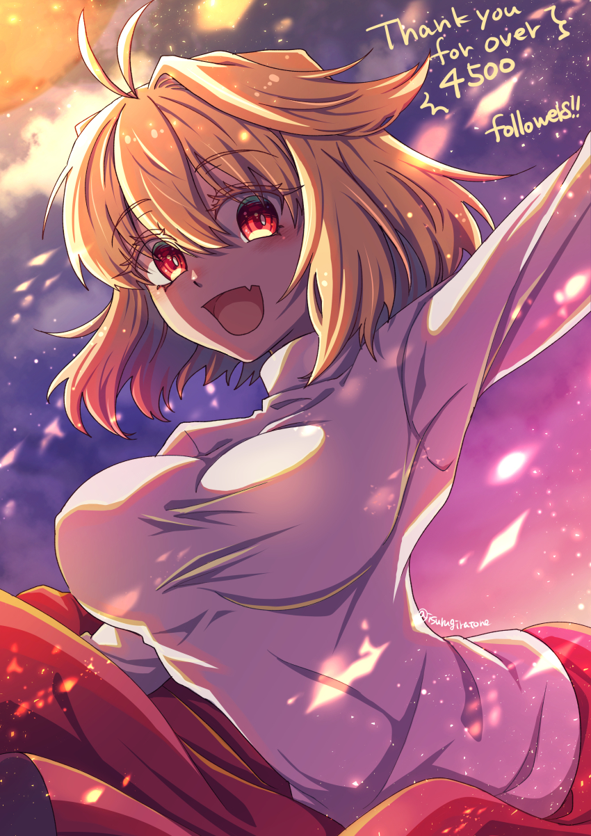 1girl absurdres arcueid_brunestud blonde_hair breasts english_text fang highres isurugiratone large_breasts milestone_celebration mixed-language_commentary open_mouth red_eyes short_hair skin_fang skirt smile solo sweater tongue tsukihime upper_body white_sweater