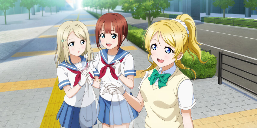 3girls :o anime_coloring aqua_eyes aqua_sailor_collar aqua_skirt ayase_alisa ayase_eli blonde_hair bloom blue_eyes blunt_bangs blurry blurry_background blush bokeh bow bowtie breasts brown_hair brown_sweater_vest building clenched_hand cowboy_shot depth_of_field diagonal-striped_bow diagonal-striped_bowtie diagonal-striped_clothes dress_shirt fence from_above gloves green_bow green_bowtie hair_ornament hair_scrunchie hairclip hand_on_another&#039;s_shoulder hand_up hands_up highres holding kosaka_yukiho long_hair looking_at_another love_live! love_live!_school_idol_festival_all_stars love_live!_school_idol_project medium_breasts medium_hair multiple_girls neckerchief official_art open_mouth otonokizaka_school_uniform outdoors own_hands_together pavement pleated_skirt ponytail red_neckerchief road sailor_collar school_uniform scrunchie serafuku shirt short_hair short_sleeves siblings sidewalk sisters skirt small_breasts smile standing street striped_bow striped_bowtie striped_clothes summer_uniform sweater_vest tactile_paving teeth transparent_bag trash_bag tree upper_body upper_teeth_only white_gloves white_scrunchie white_shirt work_gloves