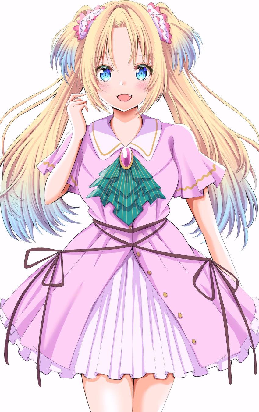 1girl absurdres blonde_hair blue_eyes highres link!_like!_love_live! long_hair love_live! maymaru multicolored_hair open_mouth osawa_rurino short_sleeves smile solo standing two-tone_hair two_side_up