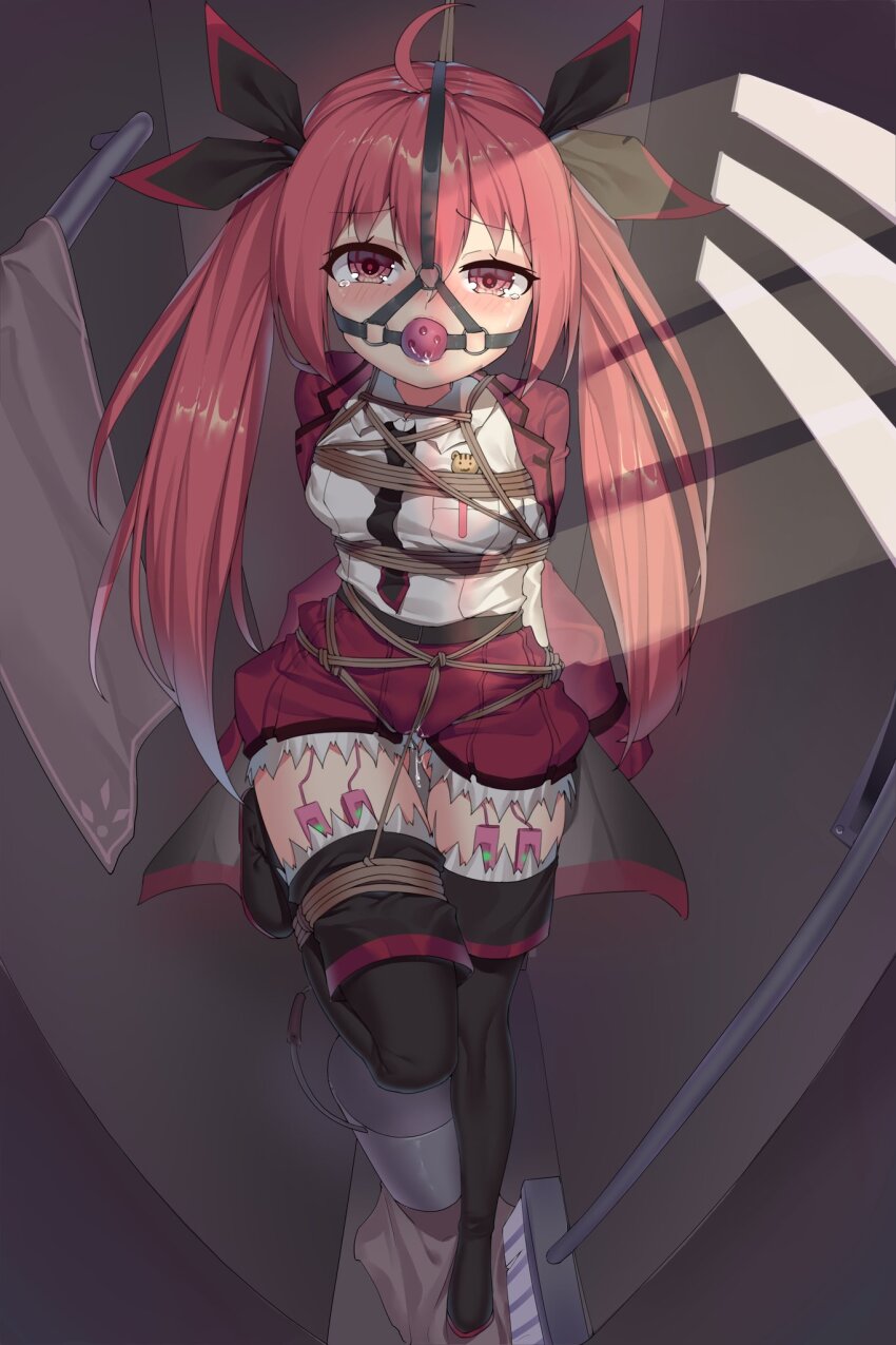 1girl ahoge aiza-ku ball_gag bdsm black_necktie bondage boots bound bound_torso breasts broom collared_shirt crotch_rope date_a_live egg_vibrator female_focus female_orgasm frogtie gag gag_harness gagged hair_ribbon highres in_locker indoors itsuka_kotori loli long_hair looking_at_viewer necktie one_leg_raised orgasm red_eyes red_hair red_skirt remote_control_vibrator ribbon rope sex_toy shibari shibari_over_clothes shirt skirt small_breasts solo standing standing_on_one_leg suspension tears thigh_boots thighhighs towel twintails vibrator vibrator_in_thighhighs vibrator_under_clothes white_shirt wiffle_gag