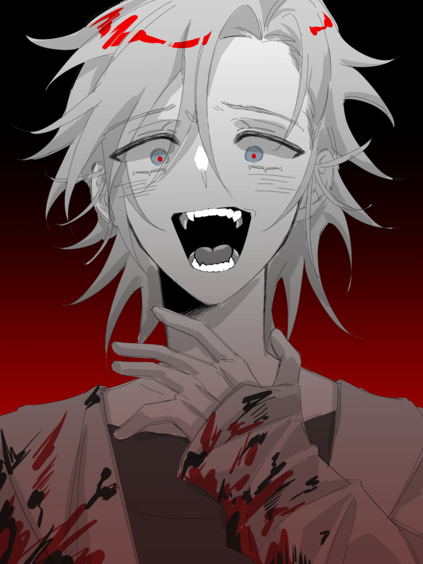 1boy blood blood_on_clothes blue_eyes chinese_commentary commentary_request constricted_pupils crazy_eyes crazy_smile curtained_hair fangs gradient_background greyscale_with_colored_background hand_on_own_neck highres jacket jintou_bangbangtang kanou_aogu long_sleeves male_focus open_clothes open_jacket open_mouth portrait red_pupils saibou_shinkyoku short_hair sleeves_past_wrists smile solo spot_color variant_set
