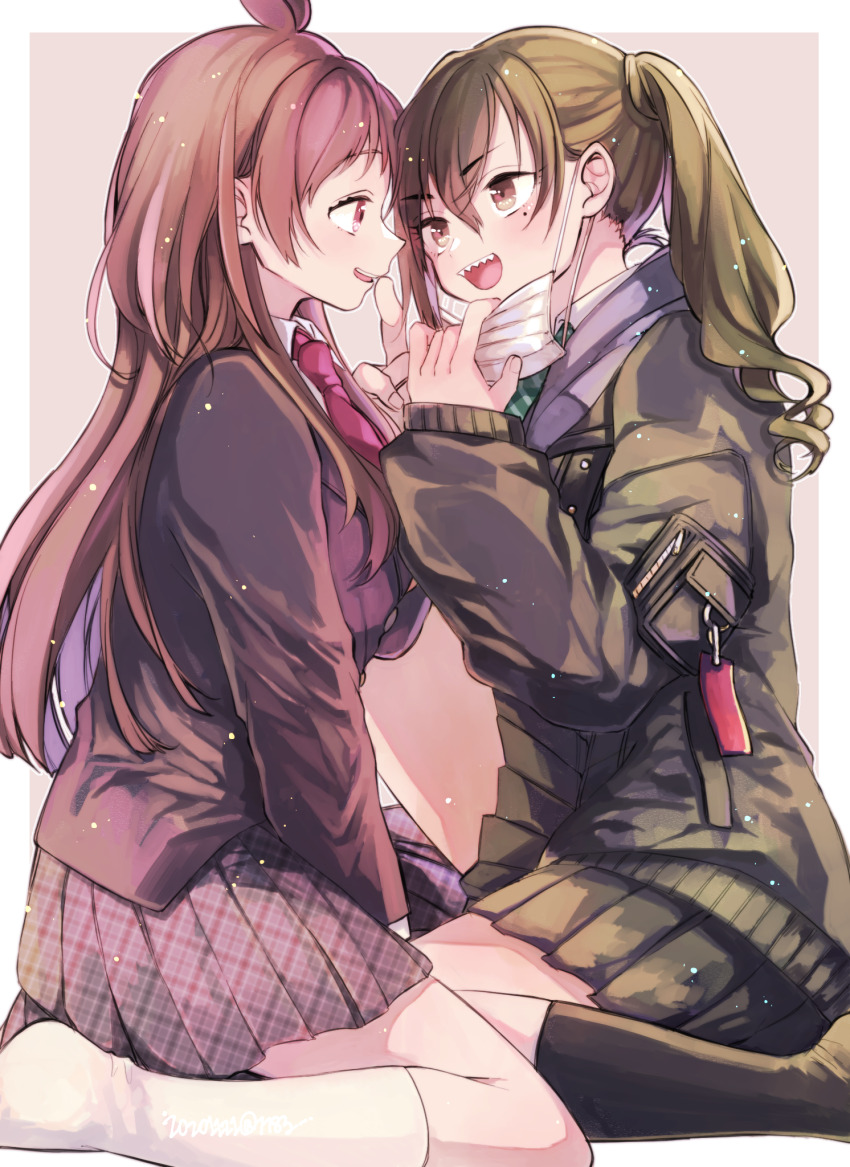 2girls amane_(7783) black_jacket black_skirt black_socks border brown_hair collared_shirt commentary_request finger_to_mouth grey_skirt highres idolmaster idolmaster_cinderella_girls jacket kneehighs light_particles long_hair looking_at_another mask_pull mole mole_under_eye multiple_girls necktie parted_lips pink_background pink_eyes pink_necktie plaid_clothes plaid_skirt pleated_skirt school_uniform sharp_teeth shirt simple_background skirt smile socks sunazuka_akira teeth tsujino_akari twintails white_border white_shirt white_socks yuri