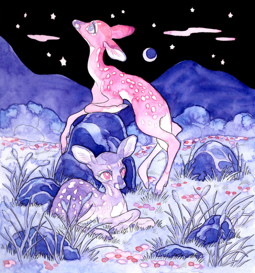 alternate_colored_grass animal animal_focus black_sky bright_pupils cloud colored_eyelashes commentary crescent_moon deer english_commentary fawn fleebites flower grass highres limited_palette lying moon mountain mountainous_horizon nature night night_sky no_humans on_ground on_rock original outdoors painting_(medium) pink_eyes pink_flower pink_fur plant purple_background purple_eyes purple_fur red_flower rock sky standing_on_three_legs star_(sky) traditional_media watercolor_(medium) white_pupils