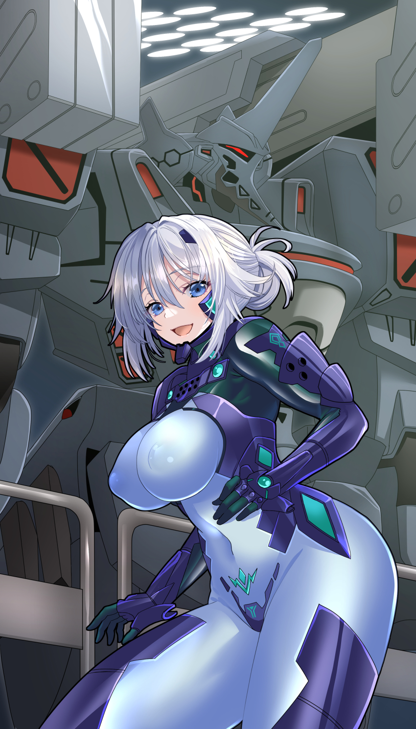 1girl absurdres armored_bodysuit bodysuit breasts character_request covered_navel fortified_suit hangar highres impossible_bodysuit impossible_clothes kogarasu1st large_breasts looking_at_viewer mecha mecha_pilot_suit muv-luv muv-luv_alternative pilot_suit robot science_fiction shiny_clothes short_hair su-47_berkut_(muv-luv) tactical_surface_fighter