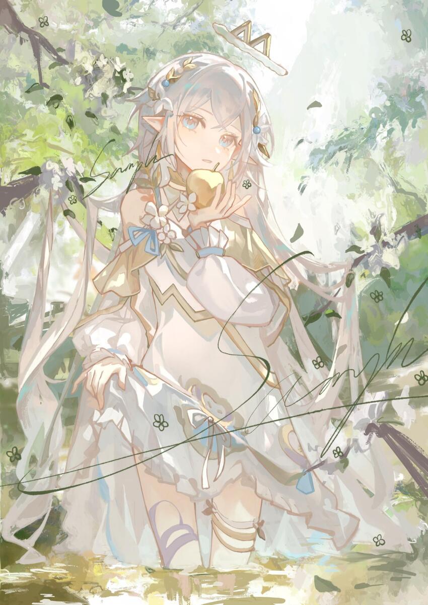 1girl apple bare_shoulders blinklikeer blue_eyes blue_ribbon branch clothes_lift collar commission cowboy_shot crossed_bangs day detached_collar dress eating expressionless eyelashes falling_leaves flower food frilled_collar frilled_dress frilled_sleeves frills fruit grey_hair hair_between_eyes hair_bobbles hair_flowing_over hair_ornament halo high_collar highres holding holding_food holding_fruit laurel_crown leaf lifting_own_clothes light_blush long_dress long_hair long_sleeves off-shoulder_dress off_shoulder original outdoors parted_lips pointy_ears puffy_long_sleeves puffy_sleeves ribbon sample_watermark skirt skirt_lift sleeve_ribbon solo standing thigh_strap very_long_hair wading watermark wetland white_collar white_dress white_flower