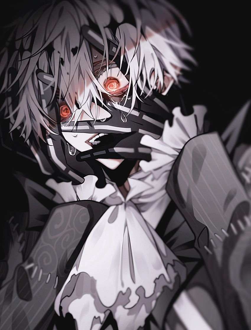 1boy @_@ absurdres ascot black_background black_coat coat commentary_request hands_on_own_face highres male_focus omumeshi open_mouth orange_eyes short_hair simple_background skully_j._graves solo sweat twisted_wonderland white_ascot white_hair