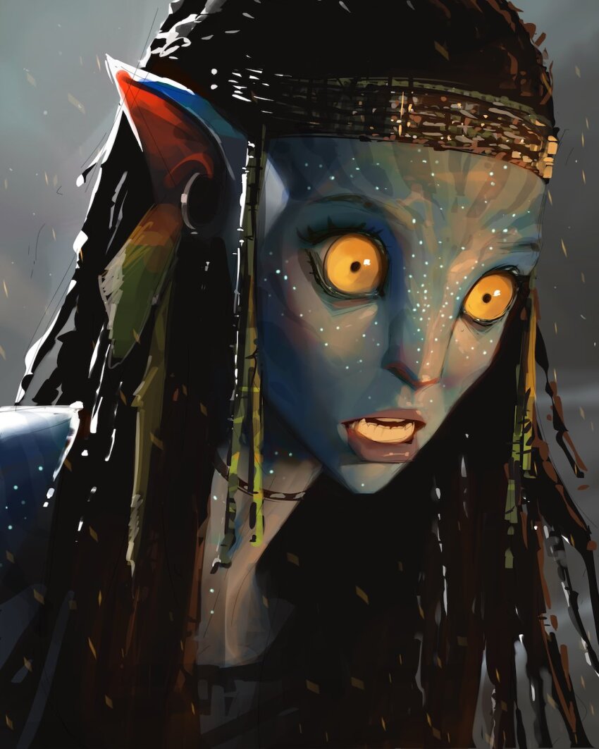 1other avatar_(2009_movie) black_hair blue_skin colored_sclera colored_skin constricted_pupils dreadlocks earrings facial_tattoo green_sclera headband highres hoop_earrings james_cameron&#039;s_avatar jewelry necklace neytiri open_mouth pointy_ears portrait sam_yang sharp_teeth solo tattoo teeth yellow_eyes