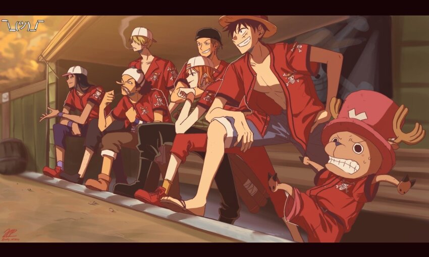 antlers bandana blonde_hair blue_shorts boots cigarette clenched_teeth commentary cross hat horns jolly_roger letterboxed long_nose looking_ahead monkey_d._luffy nami_(one_piece) nico_robin one_piece one_piece:_take_aim!_the_pirate_baseball_king only_op2024 orange_hair pink_hat red_shirt reindeer_antlers roronoa_zoro sandals sanji_(one_piece) shirt short_hair shorts smile smoke straw_hat straw_hat_pirates straw_hats_jolly_roger sweatdrop symbol-only_commentary teeth tony_tony_chopper usopp