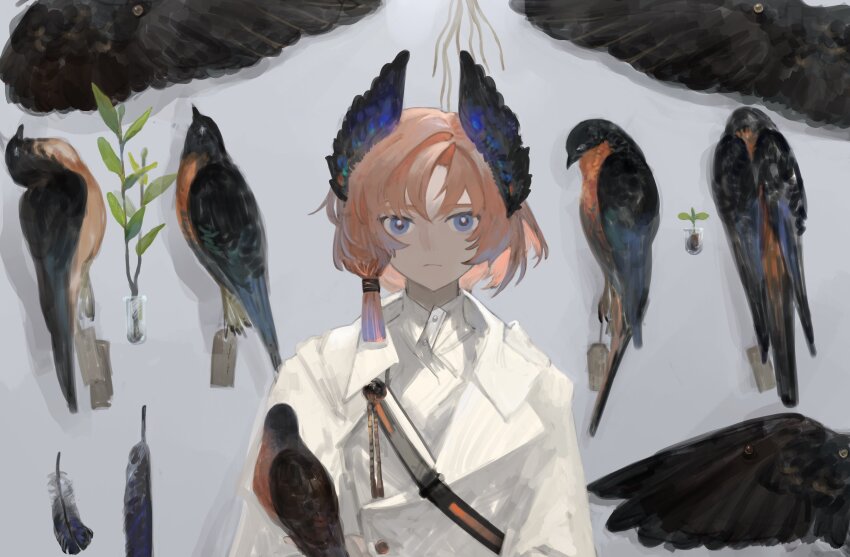 1boy absurdres aged_down animal_request arknights bird blue_eyes bright_pupils commentary feather_hair feathers grey_background highres jacket leaf looking_at_viewer male_focus orange_hair passenger_(arknights) serious shirt short_hair simple_background solo upper_body white_jacket white_pupils white_shirt yomotobi