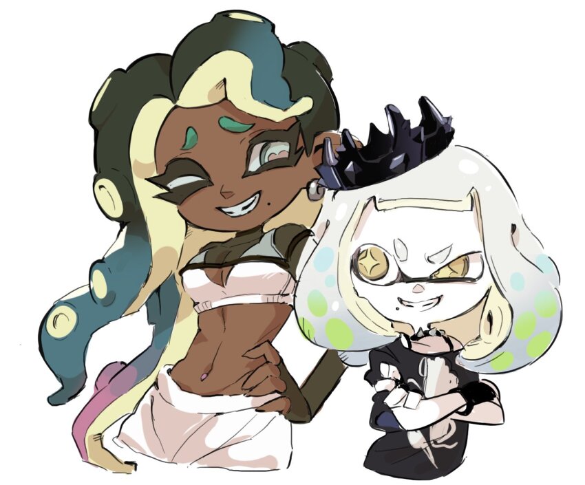 2girls black_choker black_gloves blue_eyes breasts cephalopod_eyes choker cleavage cross-shaped_pupils crossed_arms crown dark-skinned_female dark_skin earrings fingerless_gloves furrowed_brow gloves grey_hair grin hand_on_own_hip horizontal_pupils inkling jewelry long_hair looking_at_another marina_(splatoon) marina_(springfest)_(splatoon) medium_breasts medium_hair mole mole_under_mouth multiple_girls navel_piercing nintendo octoling official_alternate_costume one_eye_closed pearl_(splatoon) pearl_(springfest)_(splatoon) piercing red_pupils simple_background smile spiked_choker spikes splatoon_(series) splatoon_3 sports_bra symbol-shaped_pupils teeth tentacle_hair uneven_eyes v-shaped_eyebrows white_background white_sports_bra yabi_(akfkzkcl) yellow_eyes yellow_pupils