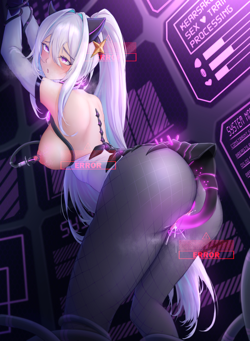 1girl absurdres animal_ears arms_up ass azur_lane bare_shoulders black_gloves black_pantyhose blue_hair bound bound_wrists breasts cat_ears cat_girl cat_tail chinese_commentary detached_sleeves framed_breasts from_behind gloves hair_between_eyes hair_ornament highres holographic_interface kearsarge_(all_night_charge)_(azur_lane) kearsarge_(azur_lane) large_breasts leotard long_hair looking_at_viewer looking_back mechanical_ears mechanical_spine mixed-language_commentary multicolored_leotard nipple_injection nipple_stimulation nipples object_insertion official_alternate_costume orchery pantyhose playboy_bunny ponytail purple_eyes restrained rolling_eyes sex_machine sign solo star_(symbol) star_hair_ornament tail tentacles thong_leotard two-tone_leotard vaginal vaginal_object_insertion very_long_hair warning_sign white_hair white_leotard