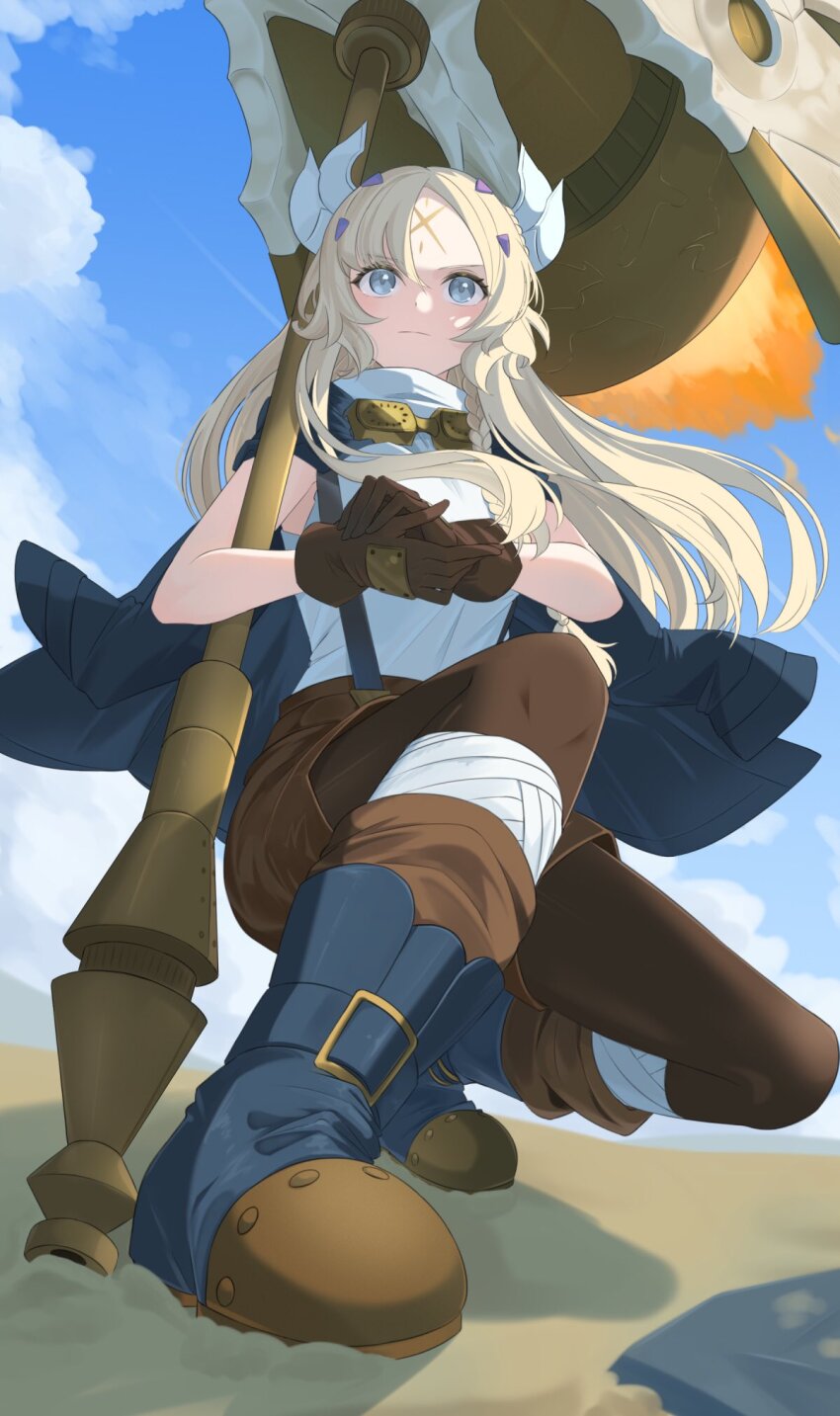 1girl bandages blonde_hair boots breasts duel_monster ecclesia_(yu-gi-oh!) facial_mark forehead_mark gloves goggles goggles_around_neck grey_eyes hair_ornament hammer heichi highres horns incredible_ecclesia_the_virtuous long_hair sand shorts sky small_breasts solo stigmata suspender_shorts suspenders war_hammer weapon yu-gi-oh!