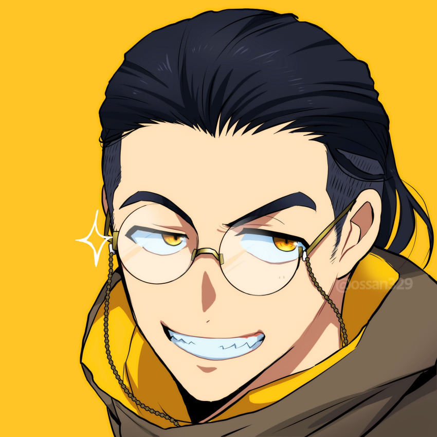 1boy 2025 20s adk-em bakugami_ryuugi bandai bandai_namco glasses hair_slicked_back highres male_focus mikkii_(tales329) no.1_sentai_gozyuger short_hair simple_background smirk smug solo super_sentai toei_company tokusatsu tv_asahi yellow_background yellow_eyes