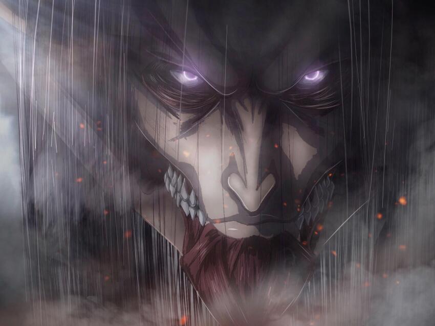 1boy black_hair close-up closed_mouth eren_yeager founding_titan highres light_particles long_hair looking_at_viewer male_focus mark_reymer official_style purple_eyes shingeki_no_kyojin smoke solo teeth titan_(shingeki_no_kyojin) v-shaped_eyebrows