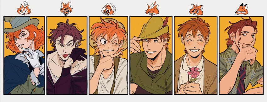 6+boys black_gloves blue_cape br&#039;er_fox_(disney) brown_hair brown_hat brown_jacket brown_vest cape chicken_little collarbone commentary_request flower foxy_loxy gloves green_eyes grey_hat grin hat hawaiian_shirt highres holding holding_flower honest_john_(disney) humanization jacket long_eyelashes looking_at_viewer multiple_boys necktie nick_wilde one_eye_closed orange_hair pink_flower pinocchio_(disney_movie) robin_hood_(disney_character) robin_hood_(disney_movie) shirt short_sleeves smile song_of_the_south species_connection striped_necktie the_fox_and_the_hound tod_(the_fox_and_the_hound) tongue tongue_out top_hat uochandayo vest white_gloves white_shirt zootopia