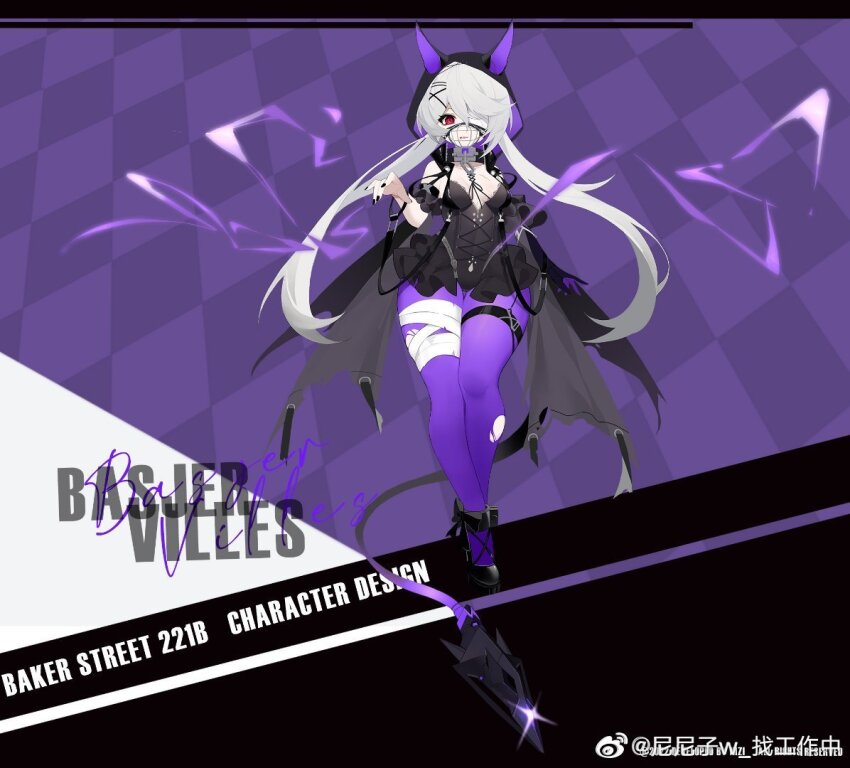1girl ankle_bow ankle_ribbon bandaged_leg bandages belt black_belt black_boots black_bow black_dress black_jacket black_nails black_sleeves boots bow bracelet breasts character_name checkered_background cleavage detached_sleeves dress electricity eyelashes fake_tail frilled_dress frilled_sleeves frills full_body grey_belt hair_ornament hair_over_one_eye hairclip high_heels hood hood_up hooded_jacket horned_hood horns jacket jewelry long_hair looking_at_viewer mask mouth_mask nail_polish nizi_w original pantyhose purple_background purple_pantyhose red_eyes ribbon short_dress short_sleeves small_breasts solo split_ponytail standing tail the_adventures_of_sherlock_holmes thigh_belt thigh_strap two-sided_hood very_long_hair watermark weibo_watermark white_hair x_hair_ornament