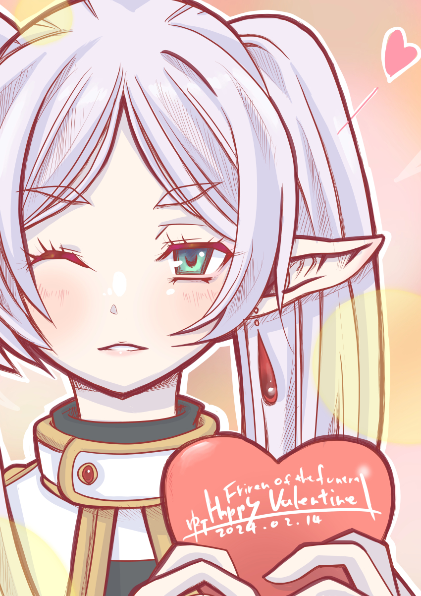 1girl absurdres blue_eyes box frieren gift gift_box heart-shaped_box highres niji_papa one_eye_closed portrait solo sousou_no_frieren straight-on valentine white_hair