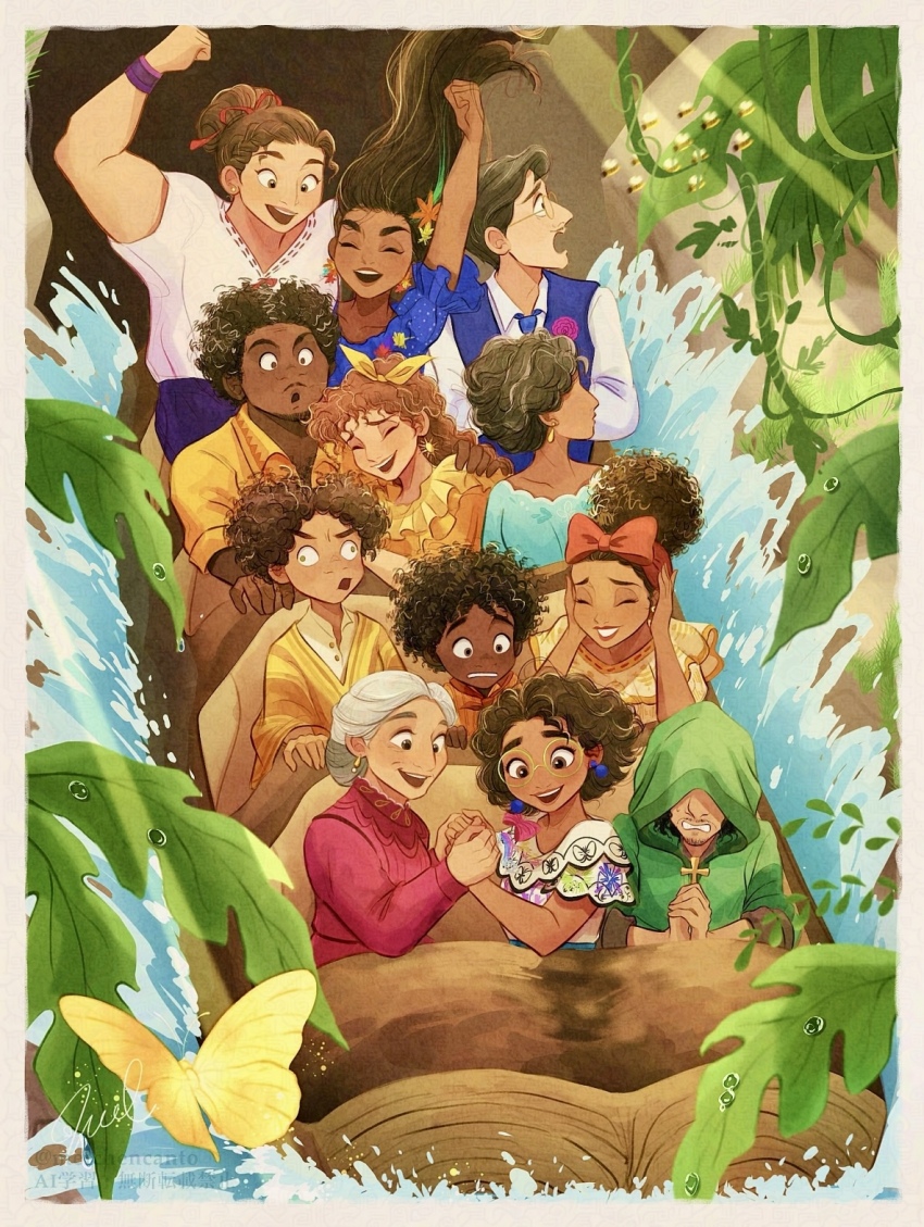 5boys 6+girls agustin_madrigal alma_madrigal antonio_madrigal arm_up artist_name blue_necktie blue_vest brown_eyes brown_hair bruno_madrigal bug butterfly camilo_madrigal cloak closed_eyes commentary_request cross dark-skinned_female dark-skinned_male dark_skin dolores_madrigal dress earrings encanto facial_hair family felix_madrigal glasses green_cloak grey_hair hair_bun hairband highres holding holding_cross holding_hands hood hooded_cloak insect isabela_madrigal jewelry julieta_madrigal log_flume long_hair luisa_madrigal melchencanto mirabel_madrigal multiple_boys multiple_girls mustache necktie old old_woman open_mouth pepa_madrigal red_dress red_hairband round_eyewear short_hair signature single_hair_bun smile vest wall-eyed watermark