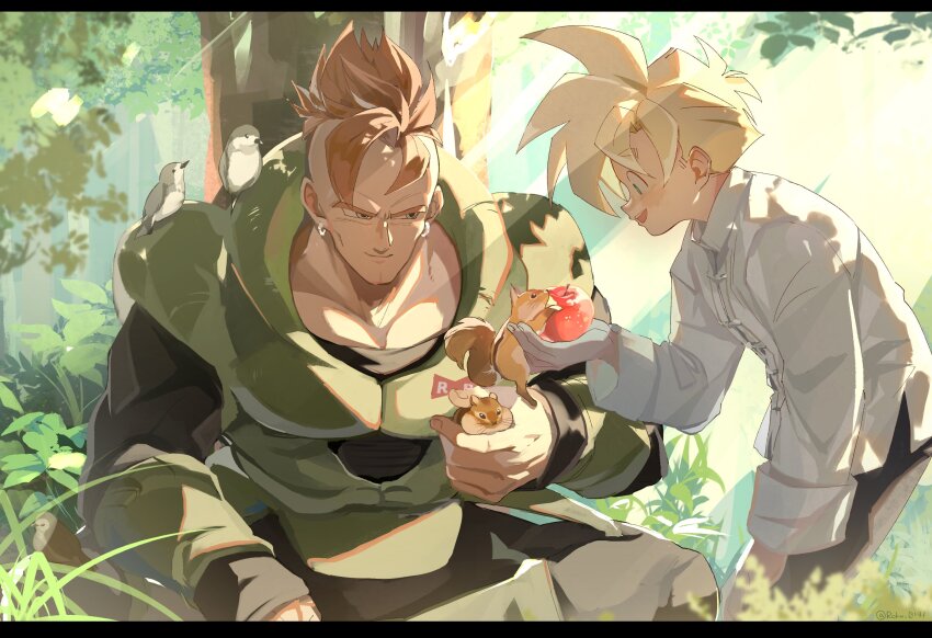 2boys absurdres android_16 apple armor bent_over blonde_hair chinese_clothes commentary_request dragon_ball dragonball_z earrings food fruit grass green_eyes highres indian_style jewelry letterboxed male_focus mohawk multiple_boys open_mouth orange_eyes roku_(roku_0141) sitting smile son_gohan squirrel sunlight super_saiyan super_saiyan_1 tree