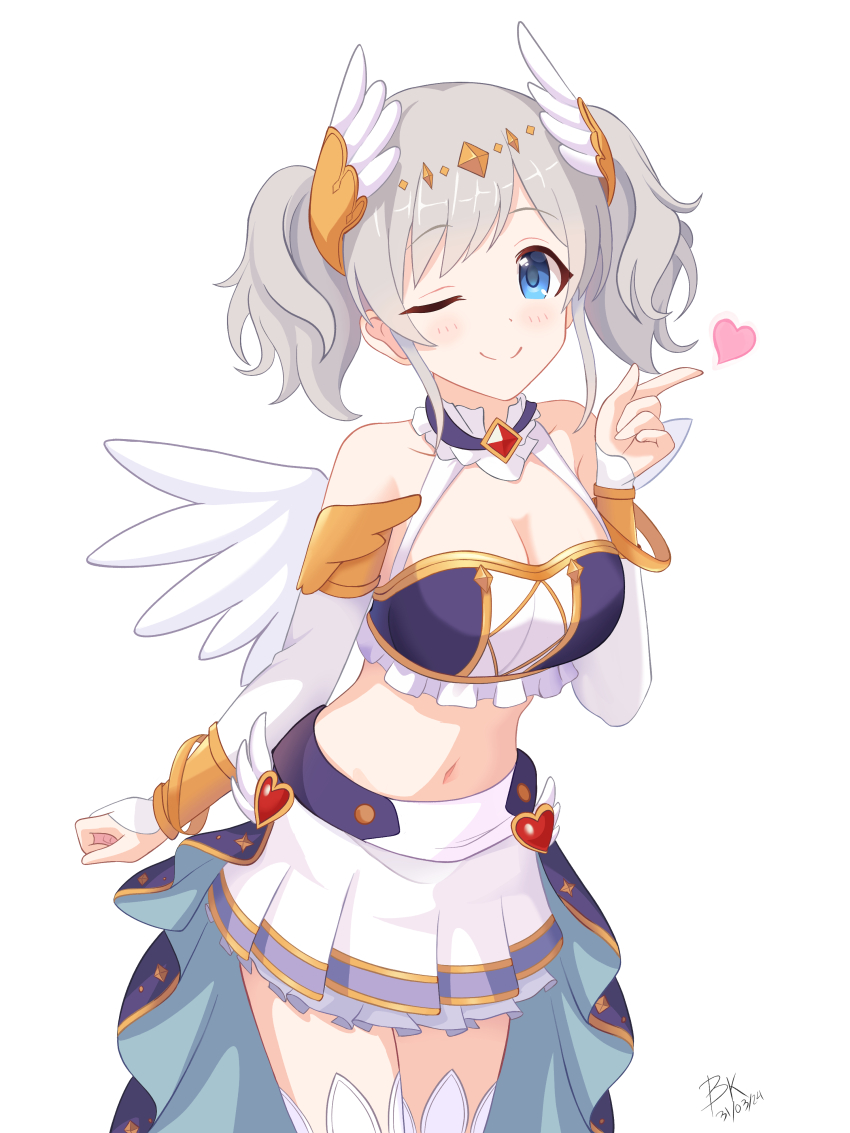 1girl absurdres akari_(princess_connect!) blue_eyes blue_komett breasts cleavage closed_mouth commentary crop_top english_commentary gold_trim grey_hair hair_ornament heart highres index_finger_raised large_breasts looking_at_viewer midriff navel pleated_skirt princess_connect! showgirl_skirt signature simple_background skirt smile solo twintails white_arm_warmers white_background white_skirt wing_hair_ornament wing_print