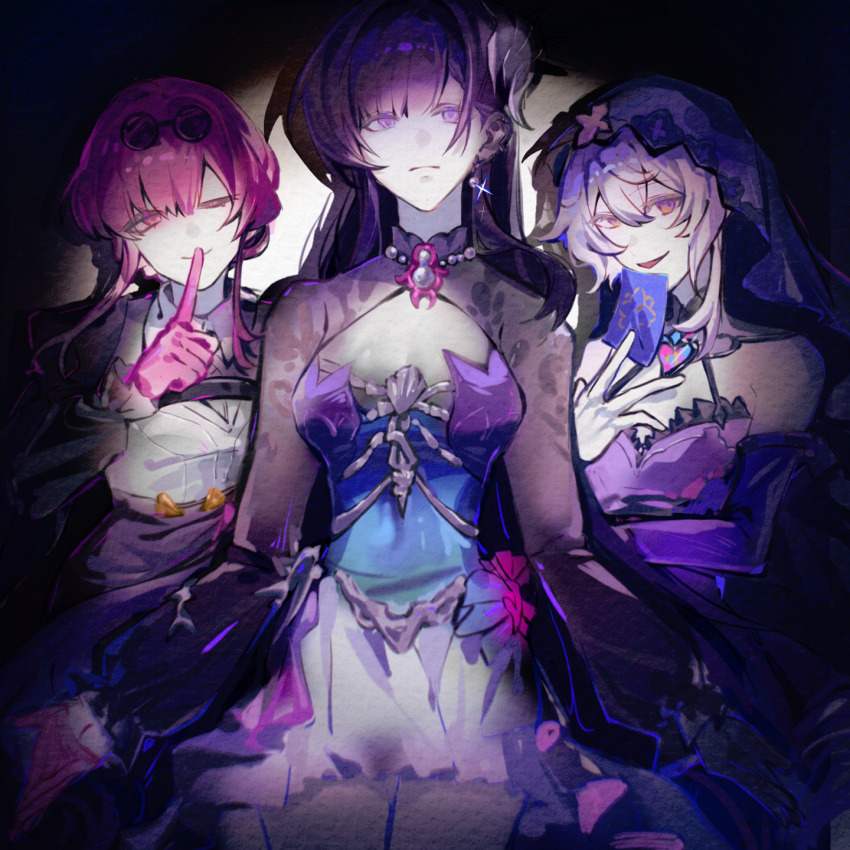 3girls bare_shoulders behind_another black_coat black_swan_(honkai:_star_rail) blunt_bangs card center_opening chest_belt chinese_commentary closed_mouth coat collared_shirt detached_collar detached_sleeves dress earpiece earrings expressionless eyewear_on_head friends frilled_dress frilled_sleeves frills gem glint gloves hair_between_eyes hair_up hand_to_own_mouth hand_up happy headpiece highres holding holding_card honkai:_star_rail honkai_(series) hysilens_(honkai:_star_rail) index_finger_raised jewelry kafka_(honkai:_star_rail) light_smile long_hair long_sleeves multicolored_dress multiple_girls necklace one_eye_closed open_mouth pearl_(gemstone) pearl_earrings pearl_necklace purple_eyes purple_hair purple_veil qingdianzi round_eyewear see-through_clothes see-through_sleeves shirt smile spotlight standing sunglasses thighs upper_body veil wavy_hair white_shirt
