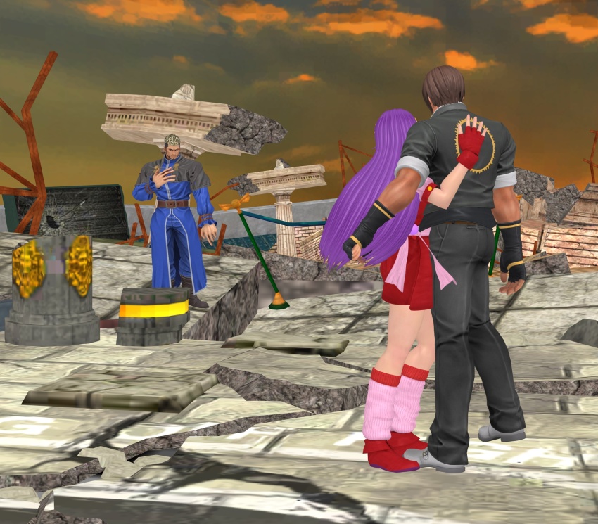 1girl 2boys 3d asamiya_athena goenitz highres idol kusanagi_kyou multiple_boys psycho_soldier purple_hair snk the_king_of_fighters the_king_of_fighters_&#039;96 xnalara_(medium)
