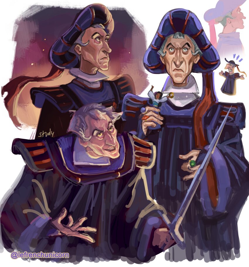 1boy absurdres black_robe claude_frollo_(disney) colored_sclera disney esmeralda_(disney) french-unicorn grey_hair hand_puppet hat hat_tassel high_collar highres holding holding_sword holding_weapon jewelry long_sleeves male_focus multiple_rings puppet ring robe short_hair shoulder_pads sword the_hunchback_of_notre_dame_(disney) tricorne twitter_username variations weapon wide_sleeves yellow_sclera
