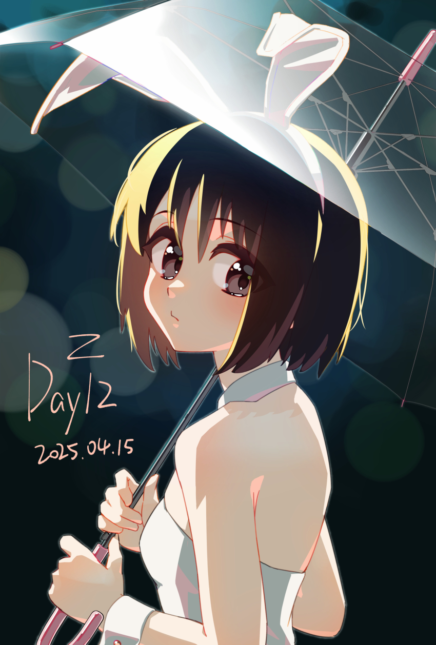 1girl animal_ear_hairband animal_ears backless_leotard bare_shoulders blurry blush bob_cut bokeh breasts brown_eyes brown_hair chinese_commentary closed_mouth commentary dark dated depth_of_field detached_collar expressionless fake_animal_ears from_behind from_side hair_between_eyes hairband highres holding holding_umbrella kuon_iki leotard light_blush looking_at_viewer looking_back looking_to_the_side nakahara_misaki nhk_ni_youkoso! playboy_bunny rabbit_ear_hairband rabbit_ears short_hair sidelighting sleeveless small_breasts strapless strapless_leotard transparent transparent_umbrella two-handed umbrella upper_body white_hairband white_leotard wrist_cuffs