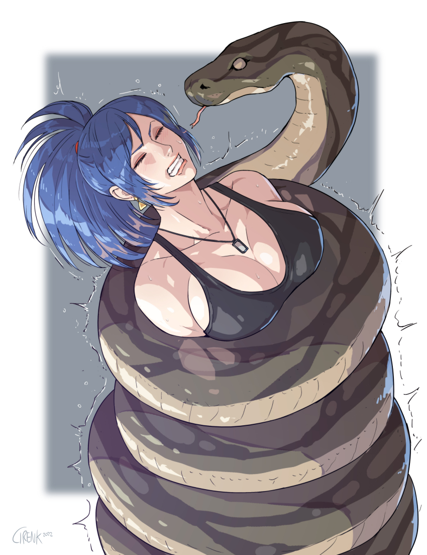 1girl absurdres anaconda animal bare_shoulders black_tank_top blue_hair breasts cirenk closed_eyes constriction dog_tags giant_snake highres large_breasts leona_heidern oversized_animal ponytail sleeveless snake snake_bondage solo tank_top the_king_of_fighters wrapped_up