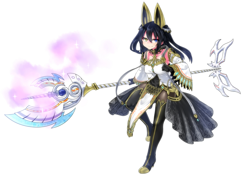 1girl bare_shoulders black_boots black_gloves black_hair black_thighhighs boots detached_sleeves dress female_focus gloves hair_ornament highres looking_at_viewer original phantasy_star phantasy_star_online_2 simple_background smile solo tacridia_robe_(pso2) thigh_boots thighhighs twintails wand want yoshida_hideyuki
