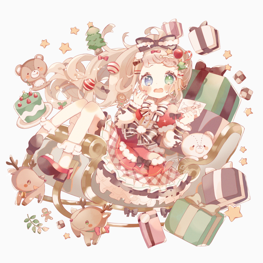 1girl absurdres ahoge bell blonde_hair blue_eyes bow box brown_bow brown_footwear cake candy_cane_hair_ornament capelet center_frills christmas christmas_tree christmas_tree_hair_ornament commentary cookie dot_nose dress english_commentary eyelashes food food-themed_hair_ornament footwear_bow frilled_bow frilled_dress frills fruit full_body fur-trimmed_capelet fur_trim gift gift_box gingerbread_man green_eyes hair_bow hair_ornament hairclip heterochromia highres holding holding_paper long_sleeves looking_at_viewer mixed-language_commentary open_mouth original paper plate pom_pom_(clothes) ponytail puffy_long_sleeves puffy_sleeves red_bow red_capelet red_dress red_nails red_ribbon reindeer ribbon sango_(35sangosan) simple_background sitting sleigh socks solo star_(symbol) star_hair_ornament strawberry striped_bow stuffed_animal stuffed_toy teddy_bear tongue white_background white_bow white_socks