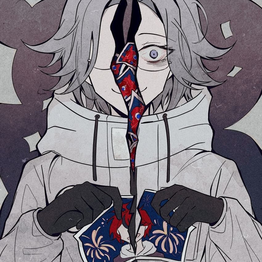 1boy :d absurdres ahoge aotsuki_eito black_gloves black_streaks bloodshot_eyes blue_eyes body_horror chinese_commentary eldritch_abomination fireworks glasses gloves gradient_background grey_background grey_eyes grey_hair grey_jacket highres holding holding_photo hood hoodie jacket jacket_over_hoodie looking_at_viewer male_focus mizongwenwu multicolored_hair open_mouth photo_(object) red_hair short_hair smile solo spoilers straight-on streaked_hair sumino_takumi tearing_paper the_hundred_line_-last_defense_academy- torn_photo white_hoodie white_jacket wide-eyed