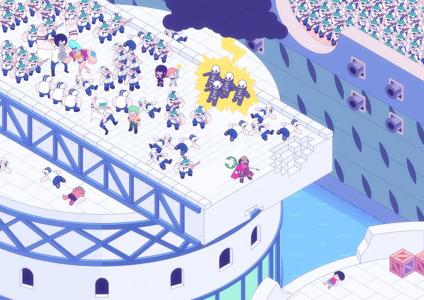 2girls 6+boys artist_name black_hair blue_hair boat cannon cape chain chibi cloud commentary disembodied_hand electricity english_commentary franky_(one_piece) green_hair hana_hana_no_mi highres isometric long_nose lv5plant marine_(one_piece) marine_uniform_(one_piece) monkey_d._luffy multiple_boys multiple_girls nami_(one_piece) nami_(one_piece)_(enies_lobby) nico_robin nico_robin_(water_7) one_piece open_mouth orange_hair pompadour red_cape roronoa_zoro short_hair usopp watercraft