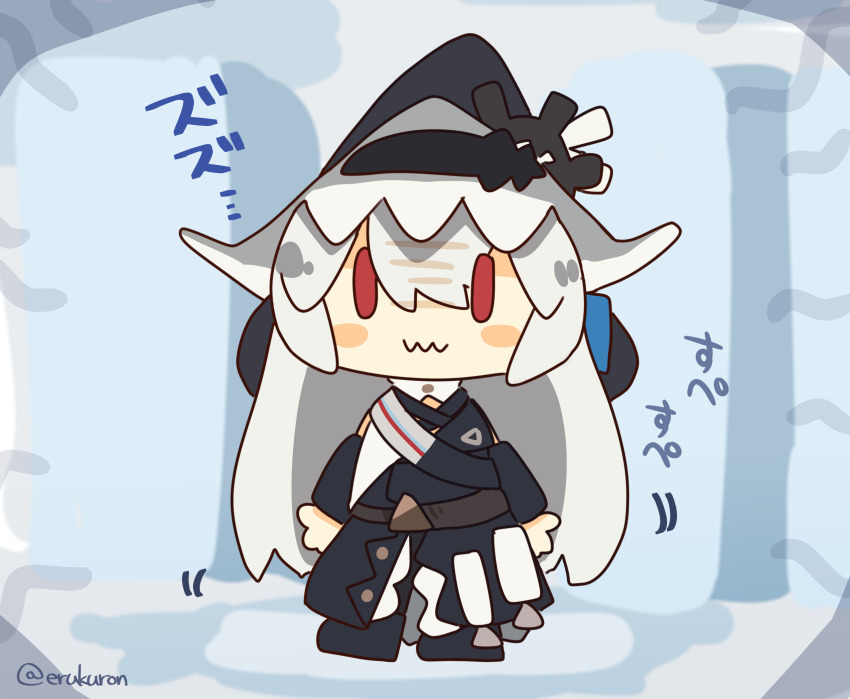 1girl :3 arknights black_coat chibi coat full_body grey_hair hat highres lcron looking_at_viewer red_eyes shaded_face smile solo specter_(arknights) witch_hat