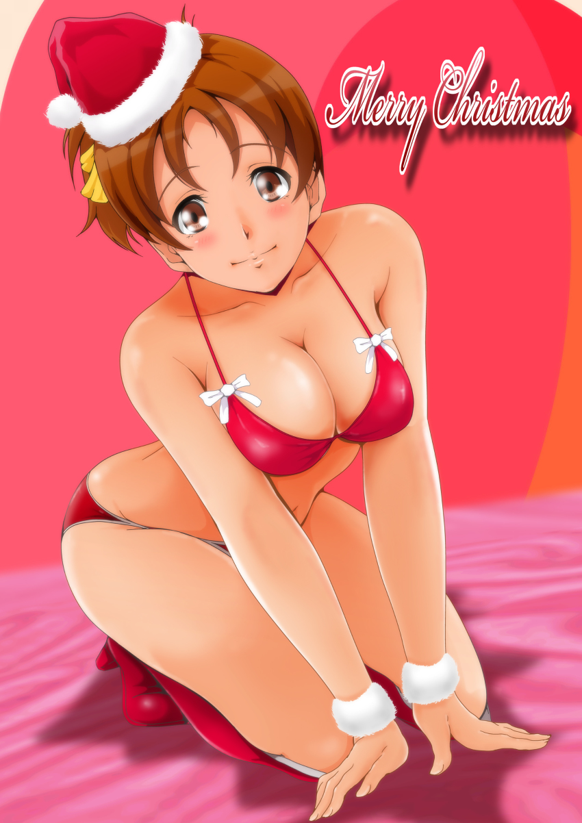 1girl absurdres arm_support bed_sheet bikini blush boots breasts brown_hair christmas cleavage closed_mouth commentary cursive english_text fur_cuffs hair_ribbon halterneck hat high_heel_boots high_heels highres hirasawa_ui k-on! kneeling leaning_forward looking_at_viewer medium_breasts merry_christmas nanashi_noiji navel on_bed ponytail red_bikini red_boots red_hat ribbon santa_bikini santa_boots santa_costume santa_hat shadow short_hair short_ponytail smile solo swimsuit tilted_headwear yellow_ribbon