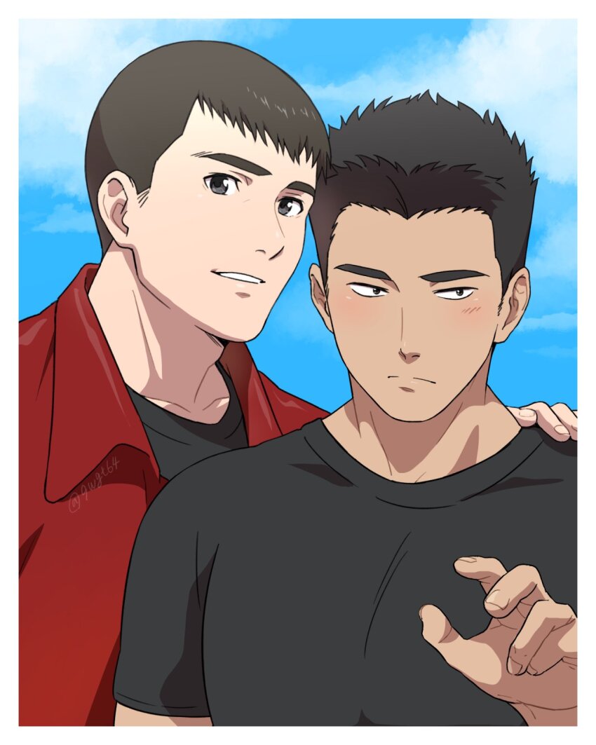 2boys 9wgt64 ao_isami black_hair black_shirt brown_hair closed_mouth facial_hair hand_on_another&#039;s_shoulder highres jacket light_blush looking_at_viewer looking_to_the_side male_focus multiple_boys red_jacket ryuji_satake shirt short_hair sideburns_stubble sky stubble twitter_username upper_body yuuki_bakuhatsu_bang_bravern