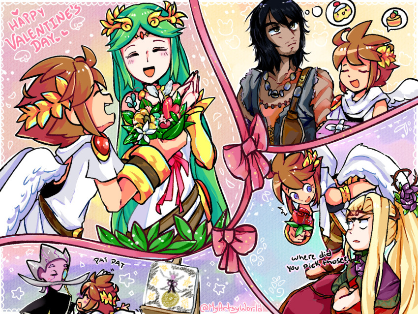2girls 3boys angel angel_wings annoyed arlon_(kid_icarus) black_hair bouquet closed_eyes colored_skin flower green_hair hair_flower hair_ornament happy_valentine headpat holding holding_bouquet kid_icarus kid_icarus_uprising laurel_crown looking_at_another magnus_(kid_icarus) monocle multiple_boys multiple_girls multiple_views myartsyworld nintendo own_hands_together palutena pit_(kid_icarus) purple_skin smile souflee star_(symbol) valentine vambraces viridi wings