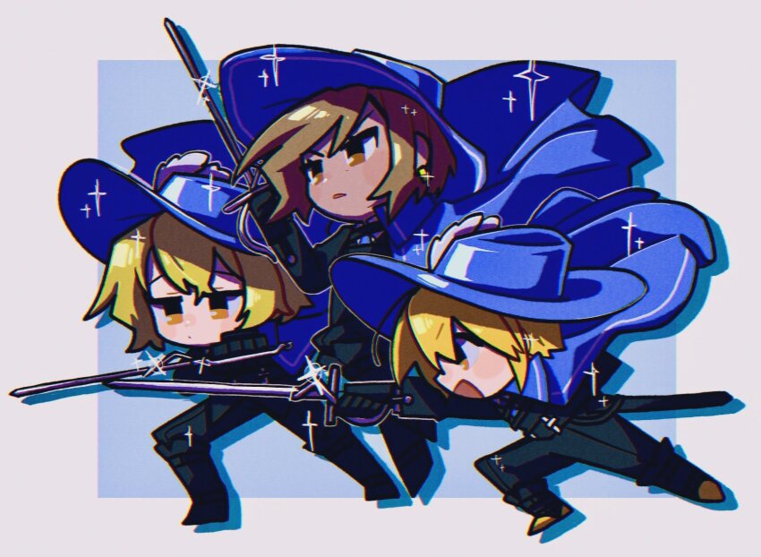 1boy 2girls black_gloves black_jacket black_pants blonde_hair blue_background blue_cape blue_hat blue_necktie border brown_eyes brown_hair cape cavalier_hat chibi cinq_association_south_uniform dark-skinned_female dark_skin don_quixote_(project_moon) earrings full_body gloves hat hat_feather highres holding holding_sword holding_weapon jacket jewelry limbus_company long_sleeves multiple_girls musketeer nantekottawo!! necktie outis_(project_moon) pants plume project_moon rapier short_hair simple_background sinclair_(project_moon) sparkle standing sword weapon white_border yellow_eyes