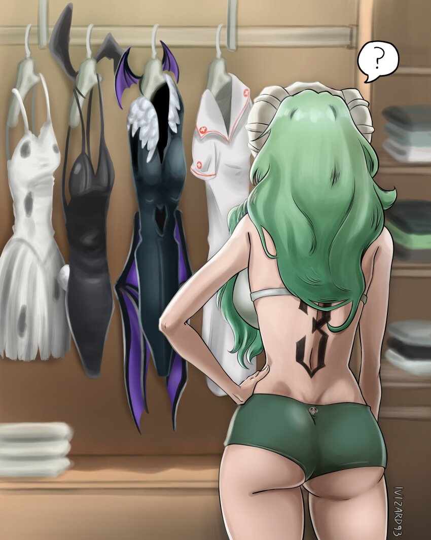 1girl ass back_tattoo bare_shoulders bleach closet espada green_hair halloween halloween_costume hand_on_own_hip ivizard_art93 long_hair mask mask_on_head nelliel_tu_odelschwanck number_tattoo nurse_outfit playboy_bunny skull_on_head tattoo thighs