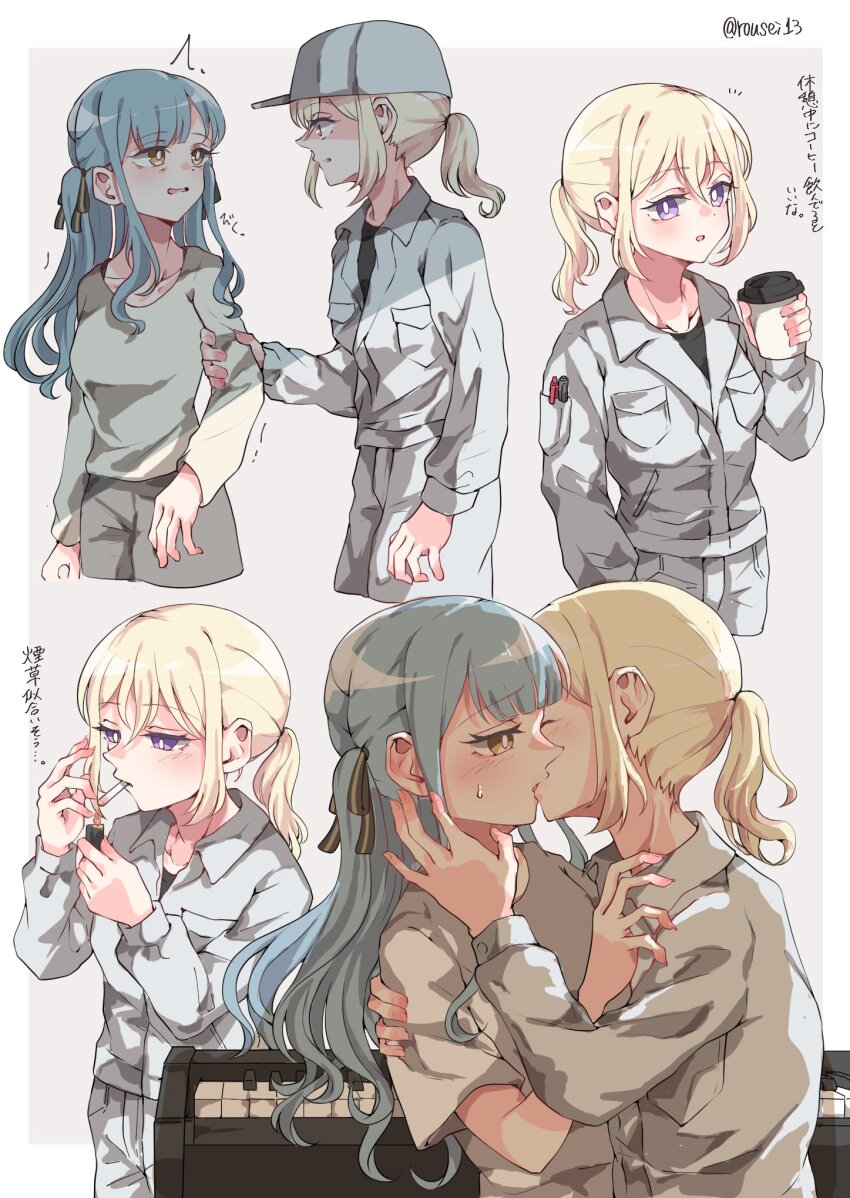 2girls bang_dream! bang_dream!_it&#039;s_mygo!!!!! blonde_hair blue_hair blush cigarette collared_shirt commentary_request cup disposable_coffee_cup disposable_cup french_kiss hand_on_another&#039;s_arm hand_on_another&#039;s_shoulder highres holding holding_cup holding_lighter instrument kiss lighter long_hair long_sleeves misumi_uika multiple_girls pants piano pink_background ponytail purple_eyes rousei shirt simple_background smoking sweatdrop togawa_sakiko translation_request twintails twitter_username two_side_up white_pants white_shirt yellow_eyes yuri