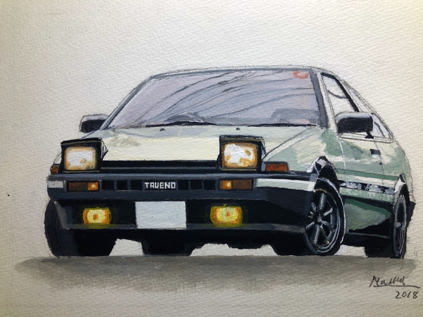 absurdres acrylic_paint_(medium) atelier_634 car highres motor_vehicle no_humans original painting_(medium) pop-up_headlights toyota toyota_sprinter_trueno traditional_media white_background white_car