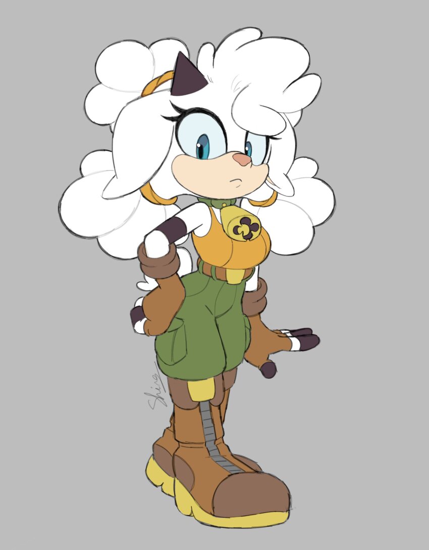 1girl bell boots cargo_pants cowbell fingerless_gloves fluffy full_body gloves highres lanolin_the_sheep pants sheep shira-hedgie shirt_tucked_in sonic_(series) sonic_the_hedgehog_(idw) tank_top