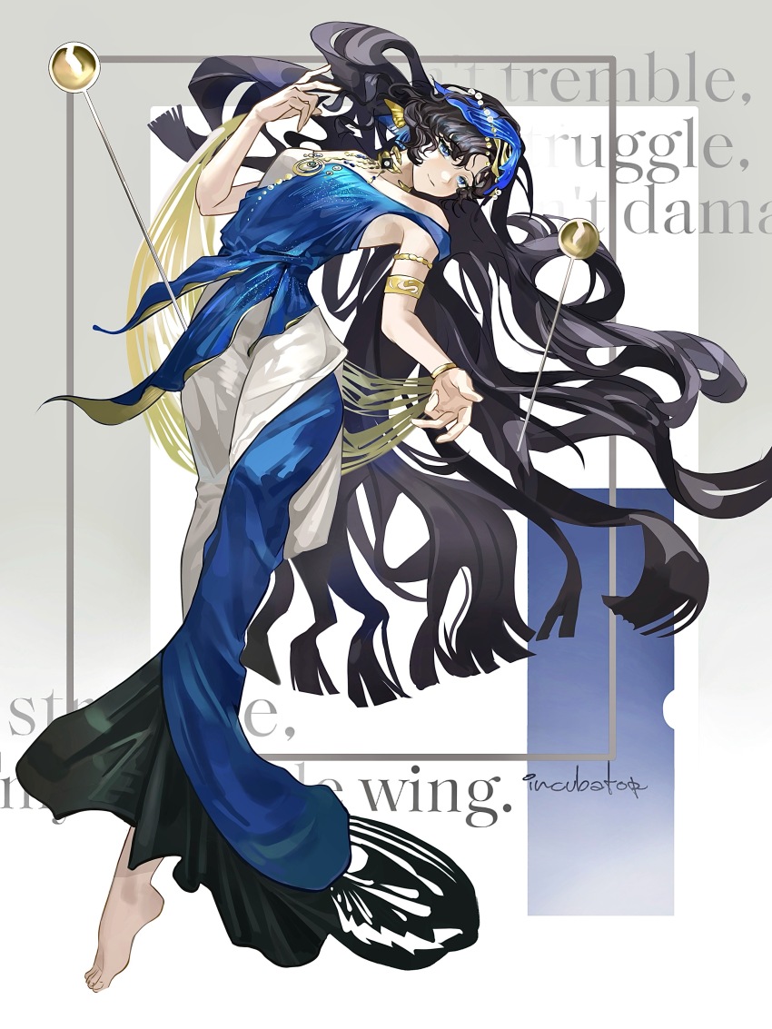 1girl absurdres armlet bare_shoulders barefoot black_hair blue_dress blue_veil bracelet closed_mouth dress dutch_angle english_text evening_gown floating_hair grey_background hand_up highres isolde_(reverse:1999) jewelry long_dress long_hair official_alternate_costume purple_eyes reverse:1999 shawl sleeveless sleeveless_dress smile solo two-tone_dress veil very_long_hair white_dress wu_fuzuoyong yellow_shawl